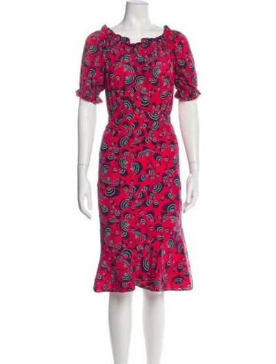 Pre-owned Saloni Printed Midi Length Dress In Red