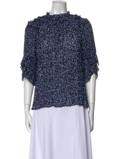 Pre-owned Saloni Printed Mock Neck Blouse In Blue