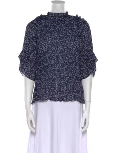 Pre-owned Saloni Printed Mock Neck Blouse In Blue