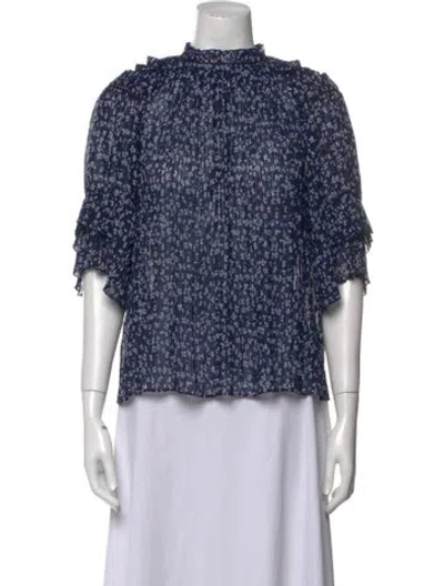 Pre-owned Saloni Printed Mock Neck Blouse In Blue