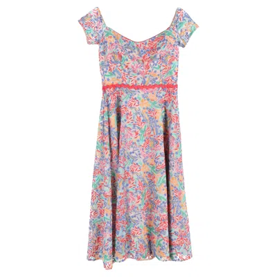 Saloni Printed Off-shoulder Midi Dress In Multicolor Polyester