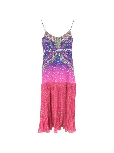 Pre-owned Saloni Printed Pleated Midi Dress In Pink