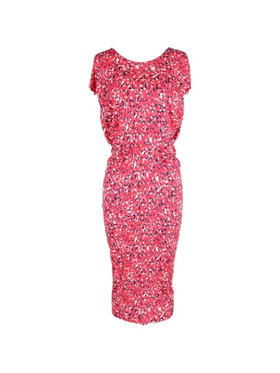 Pre-owned Saloni Printed Pleated Midi Dress In Red