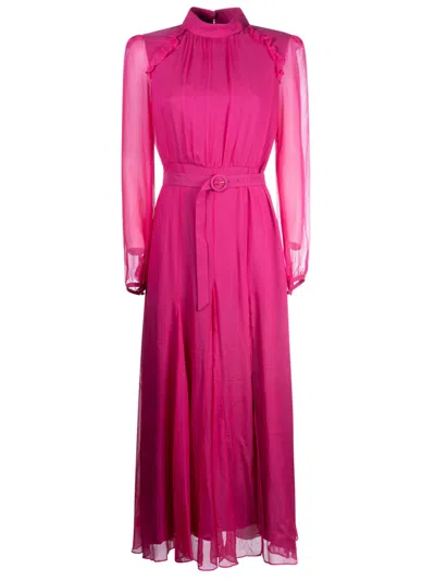 Saloni Jacqui Belted Silk-blend Crepon Maxi Dress In Fuchsia