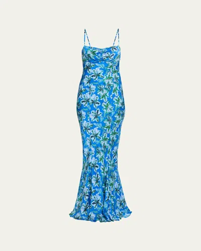 Saloni Renee Long Floral Silk Spaghetti-strap Dress In Blue