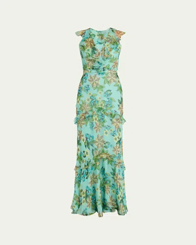 Saloni Rita Floral Sleeveless Ruffle Dress In Green