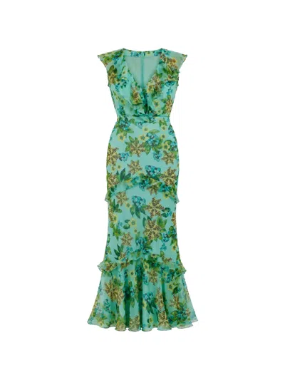 Saloni Rita Floral-print Ruffled Dress In Green
