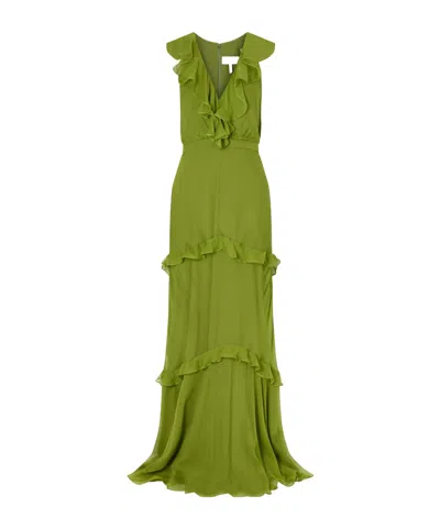 Saloni Rita Gathered Ruffled Silk Gown In Green
