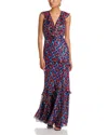 Saloni Rita Ruffled Floral-print Metallic Silk-georgette Gown In Red