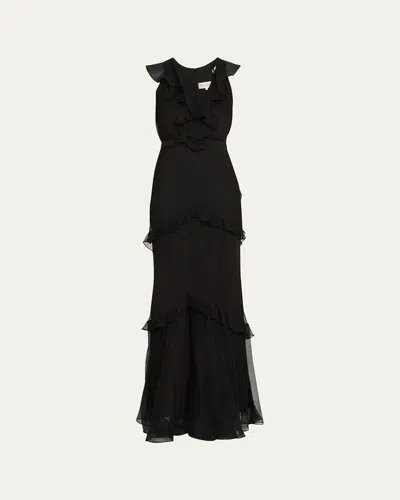Saloni Rita Tiered Ruffle Cocktail Dress In Black