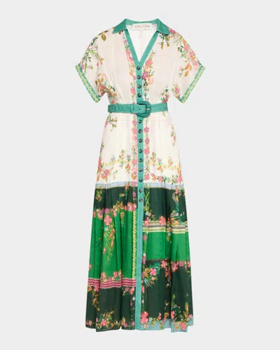 Saloni Riya Belted Pleated Floral-print Linen-voile Dress In Zinnia River
