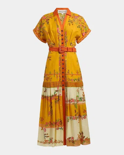 Saloni Riya-b Belted Floral Linen Maxi Shirt Dress In Yellow