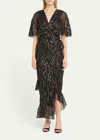 Saloni Rose V-neck Short-sleeve Floral-print Devore Cocktail Dress In Jet Gleam