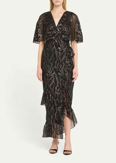 Saloni Rose V-neck Short-sleeve Floral-print Devore Cocktail Dress In Jet Gleam