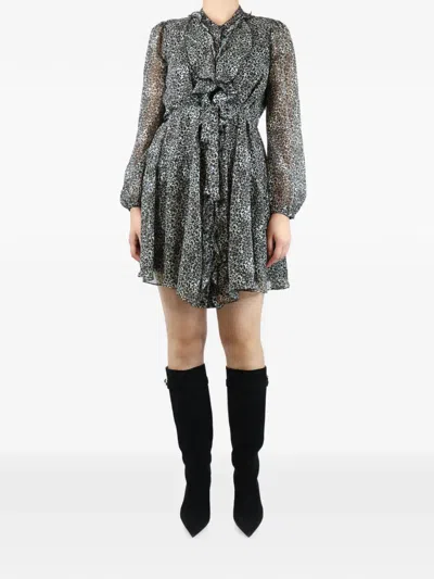 Pre-owned Saloni Ruffle Leopard-print Midi Dress In Gray