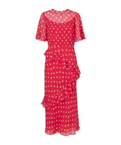 Saloni Ruffled Polka-dot Silk-blend Crepon Midi Dress In Red