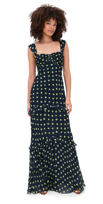 Saloni Selma Long Dress Polka Lemon In Blue