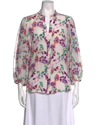 Pre-owned Saloni Silk Floral Print Blouse In White