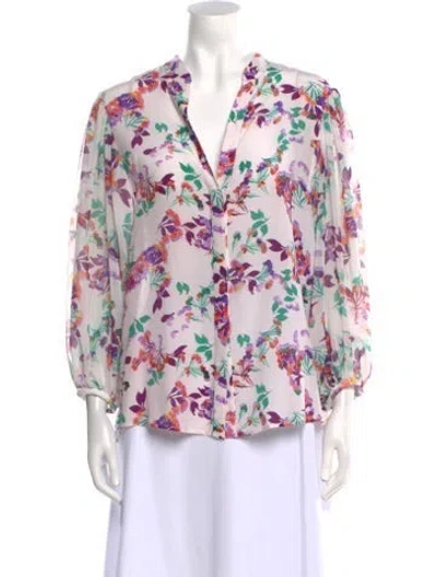 Pre-owned Saloni Silk Floral Print Blouse In White