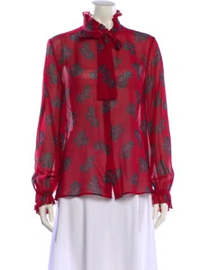 Pre-owned Saloni Silk Floral Print Button-up Top In Red