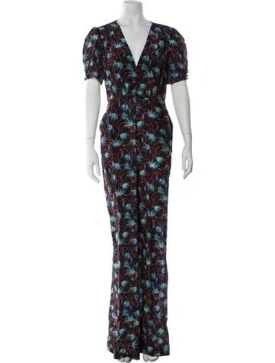 Pre-owned Saloni Silk Floral Print Jumpsuit In Blue