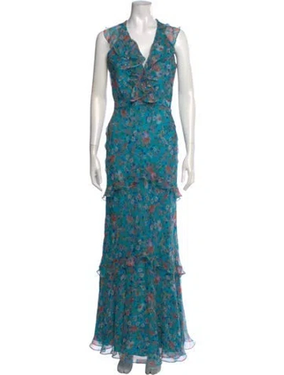 Pre-owned Saloni Silk Long Dress In Blue