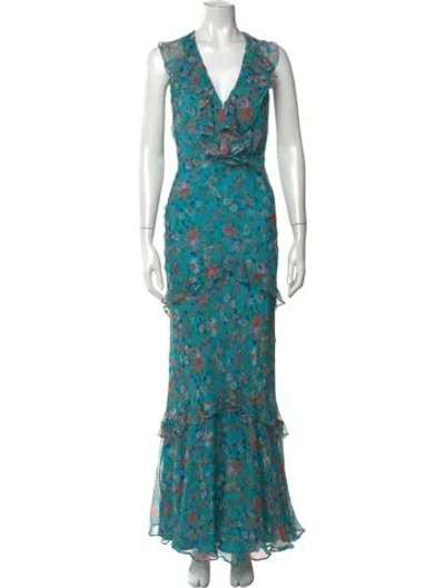 Pre-owned Saloni Silk Long Dress In Blue