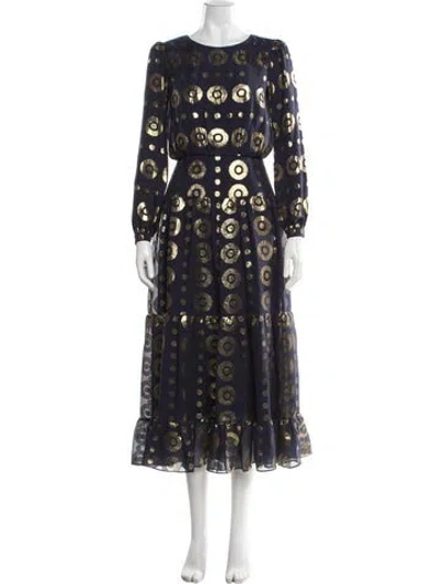 Pre-owned Saloni Silk Long Dress In Blue/gold/metallic