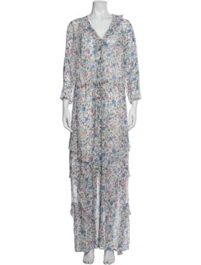 Pre-owned Saloni Silk Long Dress In Blue/white