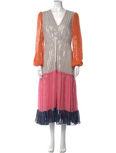 Pre-owned Saloni Silk Long Dress In Gray