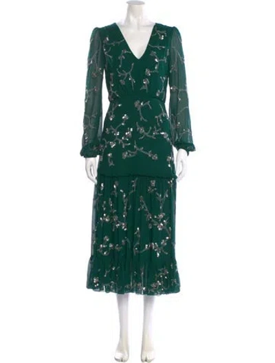 Pre-owned Saloni Silk Long Dress In Green