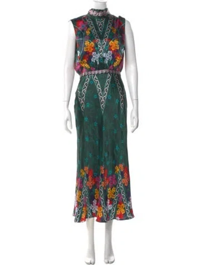 Pre-owned Saloni Silk Long Dress In Green