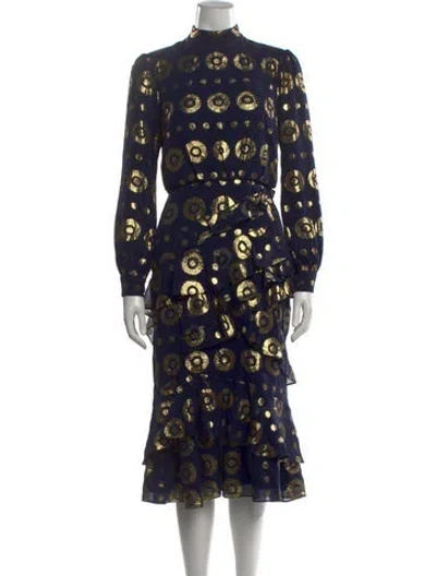 Pre-owned Saloni Silk Midi Length Dress In Blue/gold