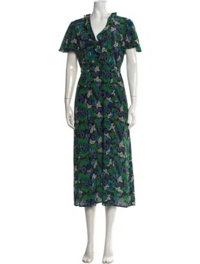 Pre-owned Saloni Silk Midi Length Dress In Blue/green