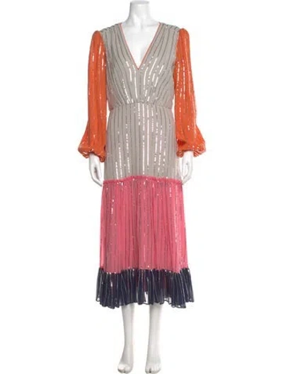 Pre-owned Saloni Silk Midi Length Dress In Neutral