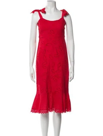 Pre-owned Saloni Square Neckline Midi Length Dress In Red