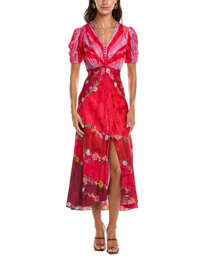 Saloni Stamped Satin Silk Midi Dress In Red