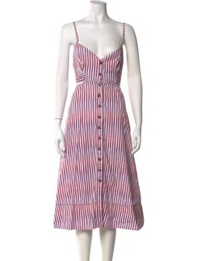 Pre-owned Saloni Striped Midi Length Dress In White