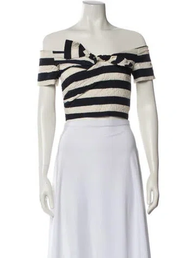 Pre-owned Saloni Striped Off-the-shoulder Crop Top In White