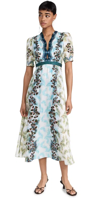 Saloni Tabitha Printed Silk Puff-sleeve Midi Dress In Feather