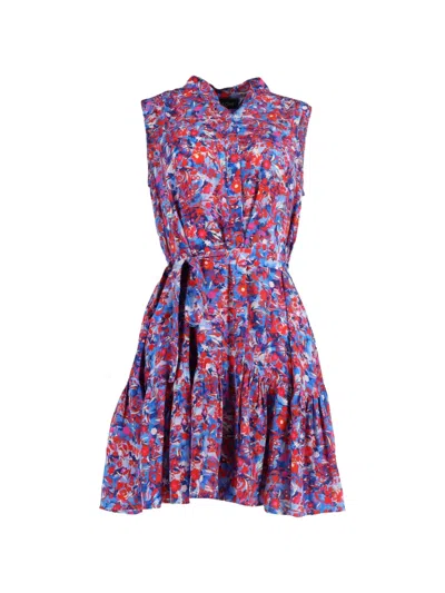 Pre-owned Saloni Tilly Floral Belted Mini Dress In Blue