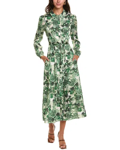Saloni Vanessa Printed Hammered Satin Midi Dress In Green