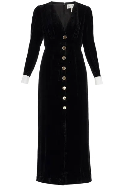 Saloni Dahlia Gathered Velvet Midi Dress In Black