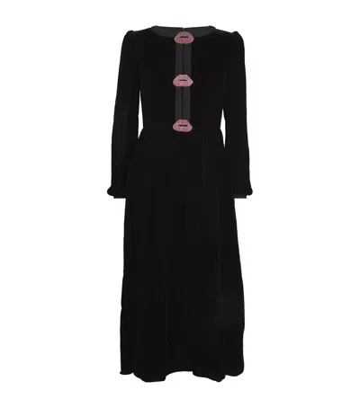 Saloni Velvet Embellished Camille Bows Midi Dress In Black