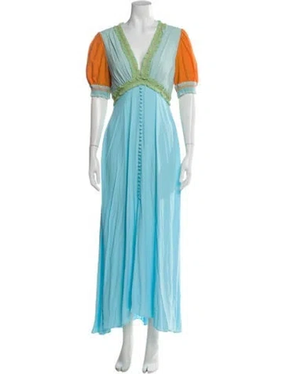 Pre-owned Saloni V-neck Long Dress In Blue