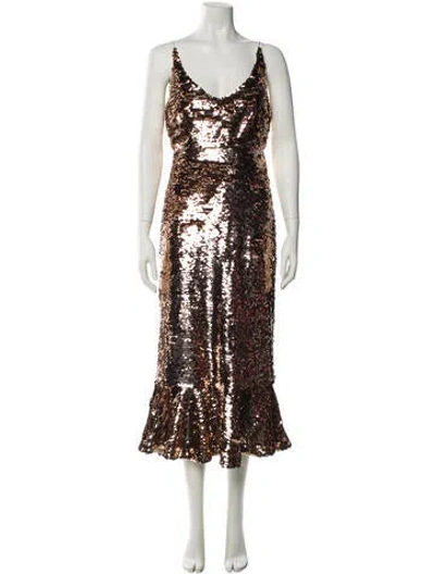 Pre-owned Saloni V-neck Midi Length Dress In Gold