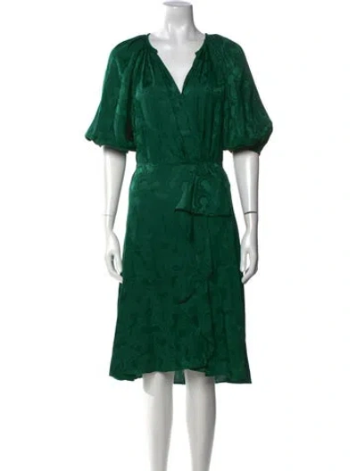 Pre-owned Saloni V-neck Midi Length Dress In Green
