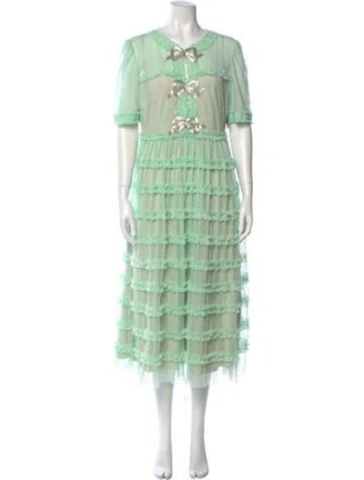 Pre-owned Saloni V-neck Midi Length Dress In Green