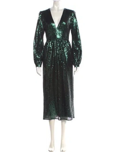 Pre-owned Saloni V-neck Midi Length Dress In Green