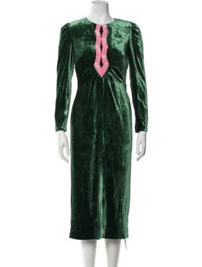 Pre-owned Saloni V-neck Midi Length Dress In Green
